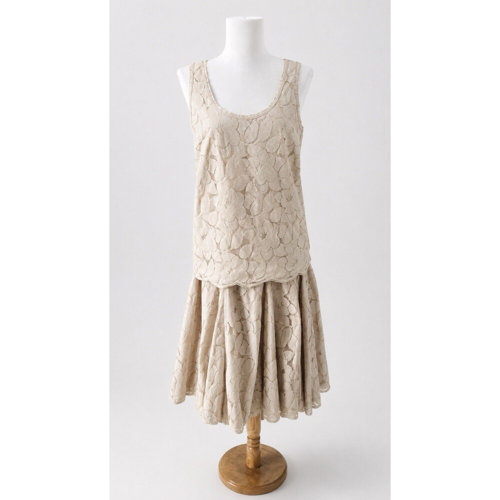 Vtge Y2k DKNY Ivory Lace 2 Pc Outfit Floral Lace Full Flared Sz Skirt 12 Top  14